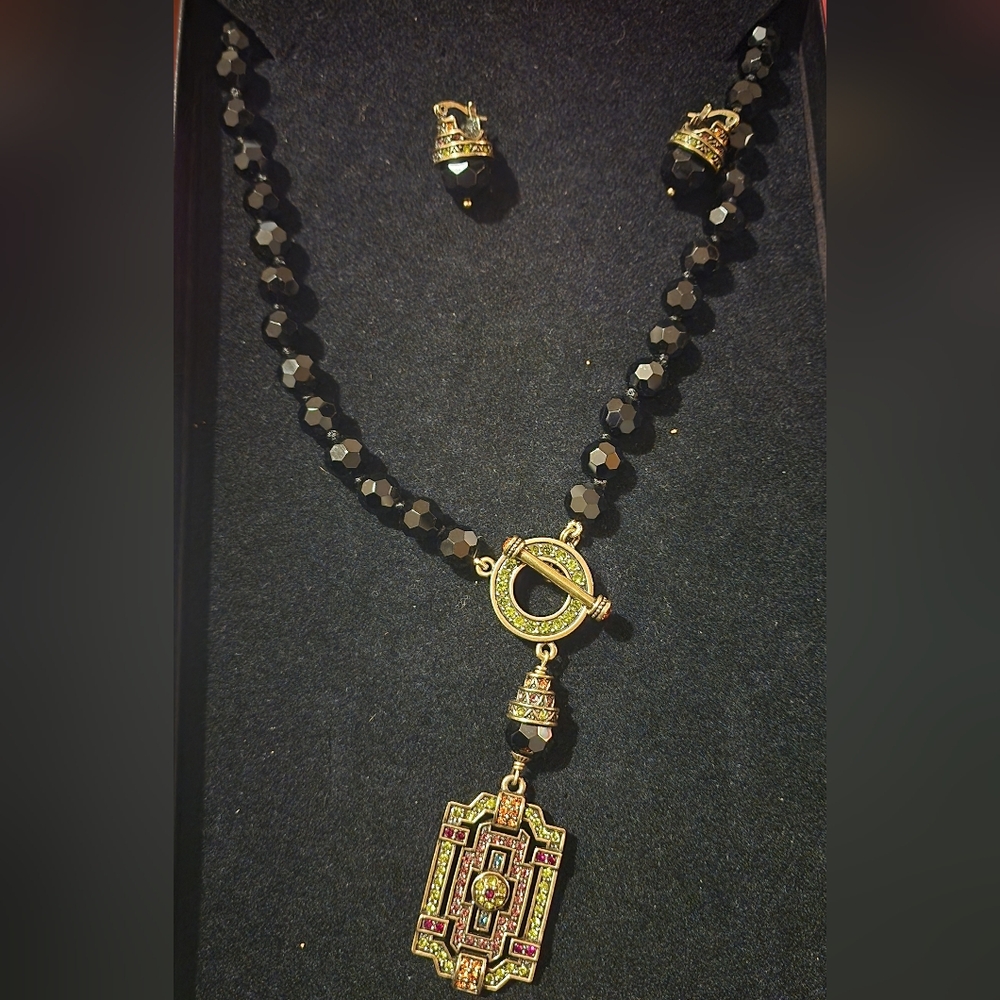 Heidi Daus Black Faceted beaded necklace with multi colored crystals.&Earrings